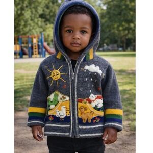 Isabella Mia untagged Kids Gray Farm Animal Peruvian Wool ZipUp Hoodie Jacket 2t